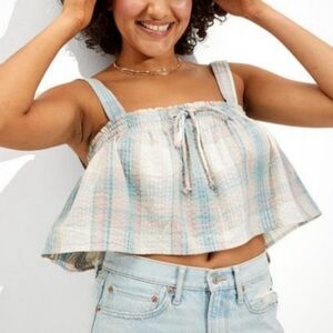 Smocked Tie-Front Plaid Crop Top - Pastel Multi